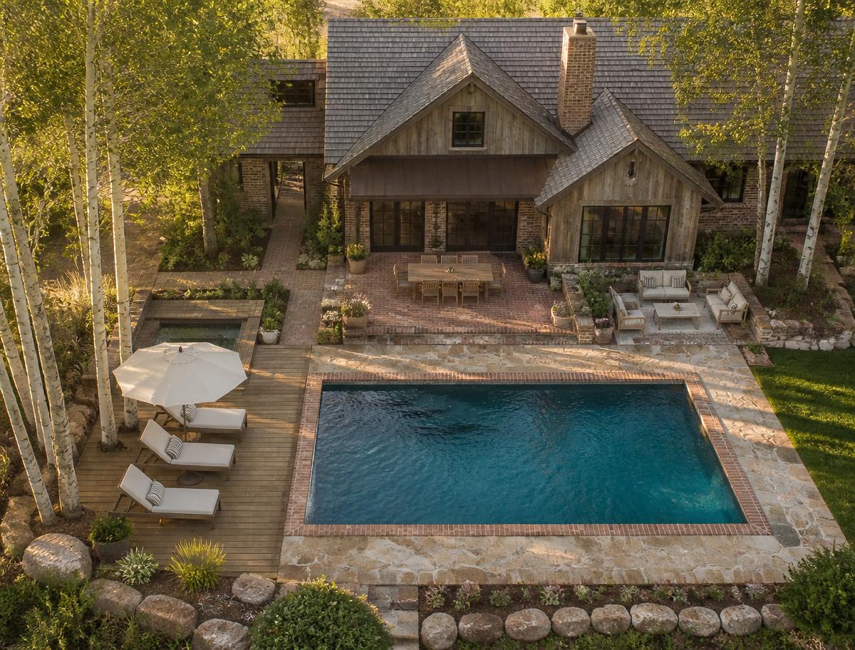 Aerial view of a pool with reclaimed brick coping and cedar deck