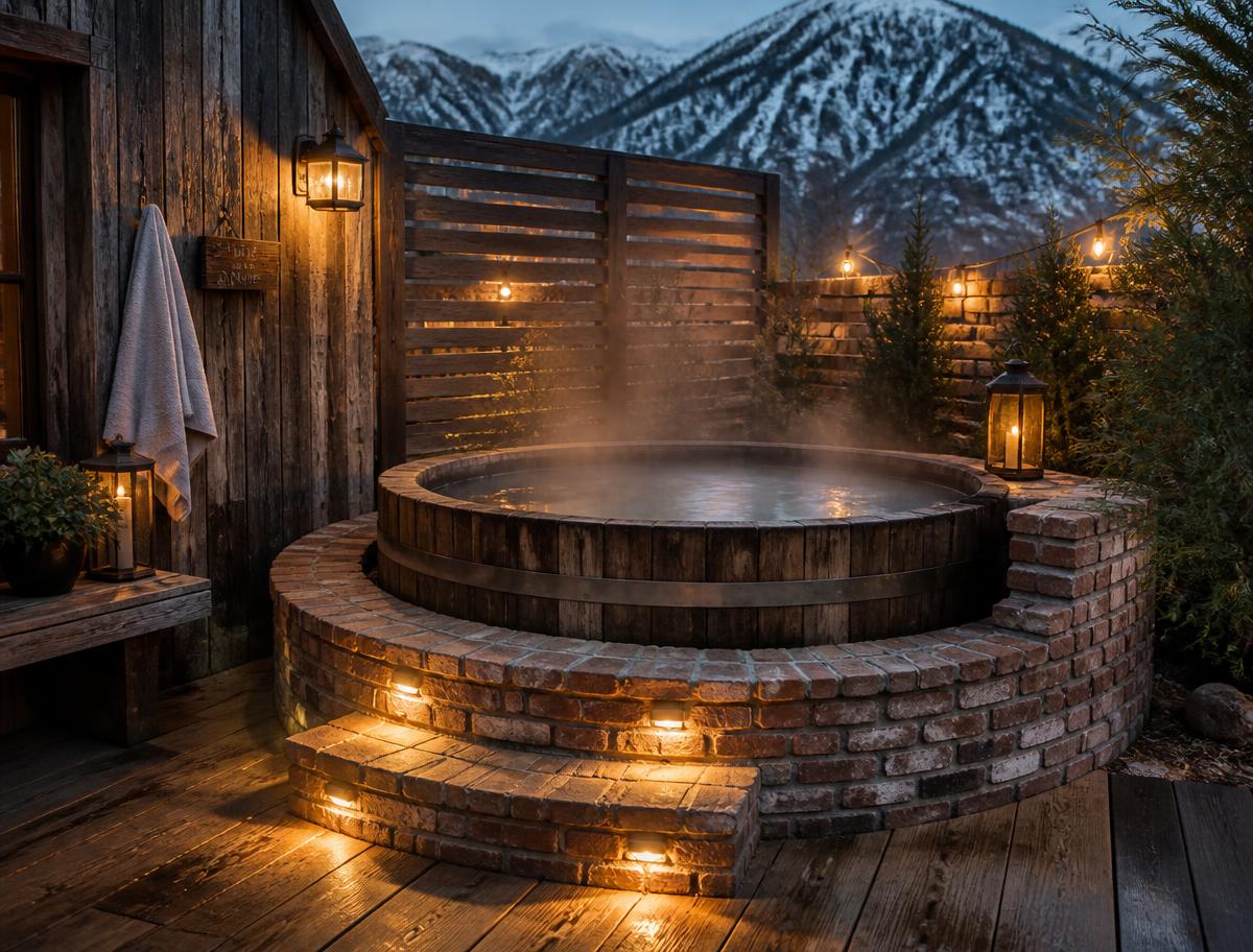 Cedar-staved soaking spa on a brick plinth with steam and lantern light